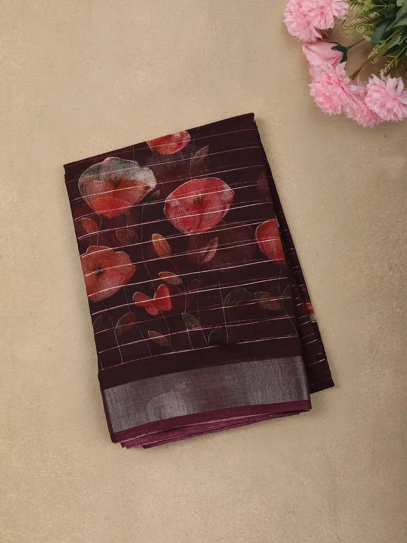 Deep Wine Maroon Floral Printed Design Mixed Cotton Casual Wear Saree 1