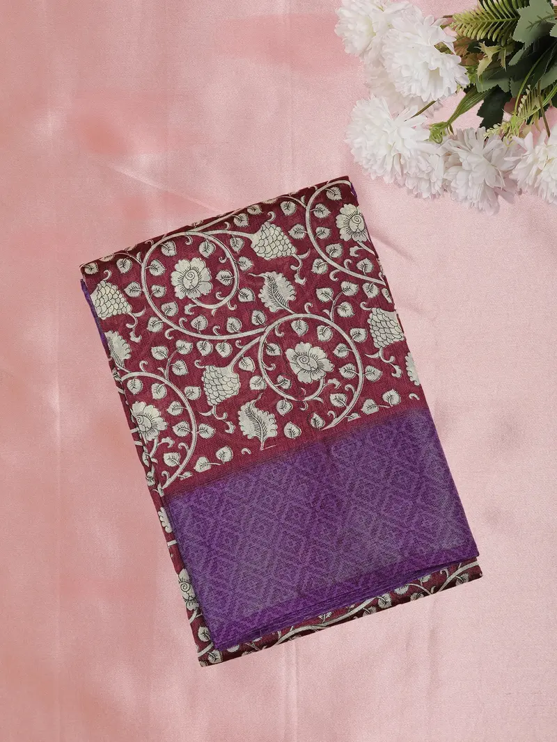 Deep Wine Maroon Floral Printed Design Mixed Cotton Saree With Contrast Border 1