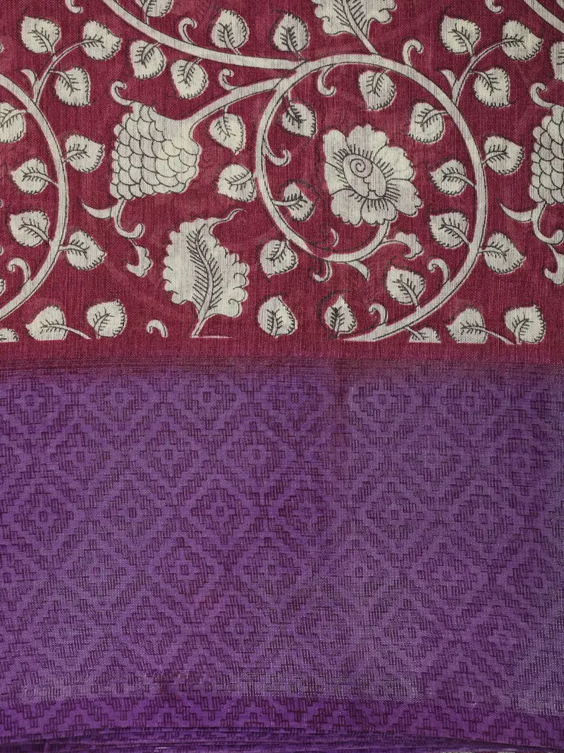 Deep Wine Maroon Floral Printed Design Mixed Cotton Saree With Contrast Border 2
