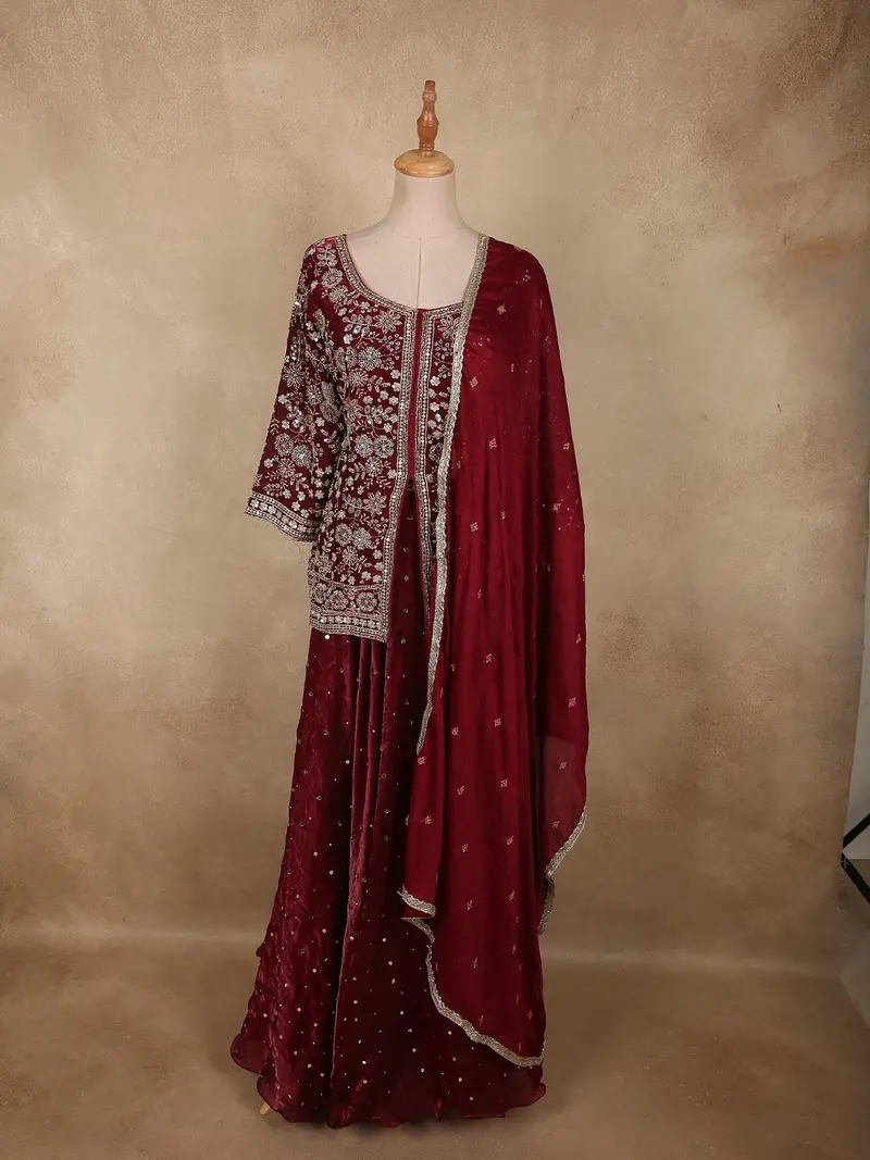 Deep Wine Maroon Floral Sequins And Beads Embroidered Design Organza Bridesmaids Lehenga With Dupatta 1
