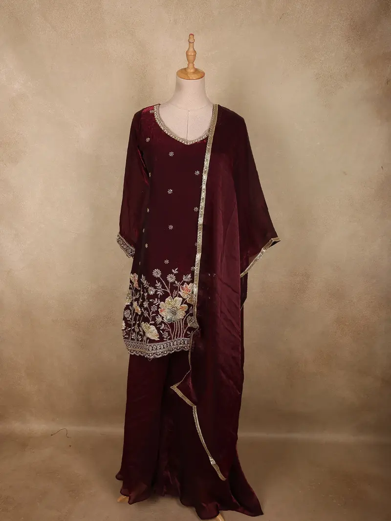 Deep Wine Maroon Floral Sequins And Beads Embroidered Design Organza Palazzo Suit With Dupatta 1