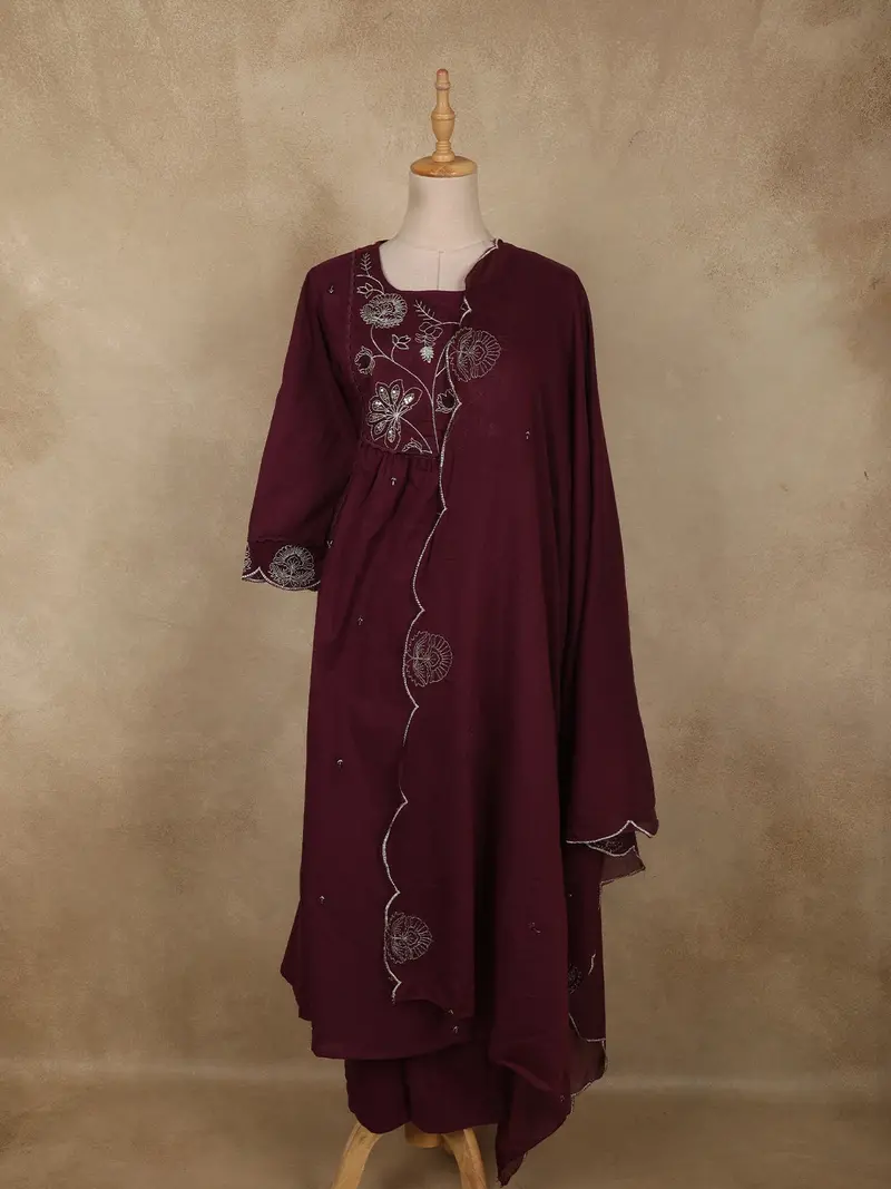 Deep Wine Maroon Floral Thread Embroidered Design Cotton Anarkali Salwar Suit With Dupatta 1