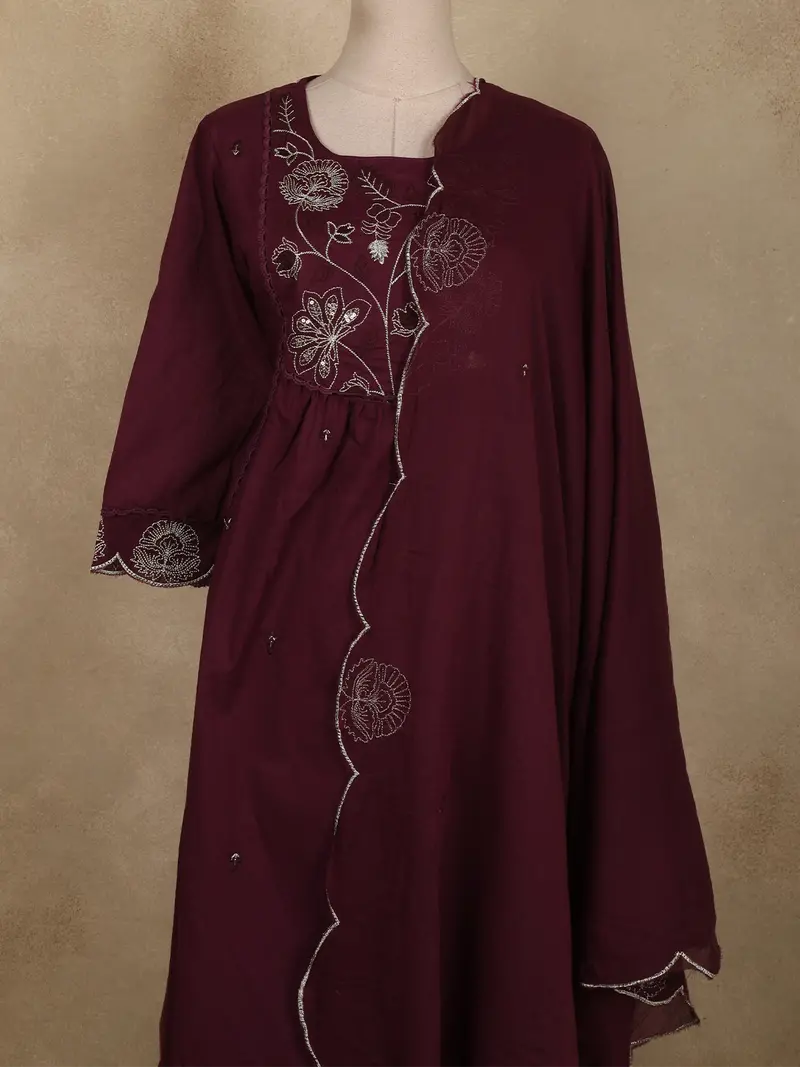 Deep Wine Maroon Floral Thread Embroidered Design Cotton Anarkali Salwar Suit With Dupatta 2