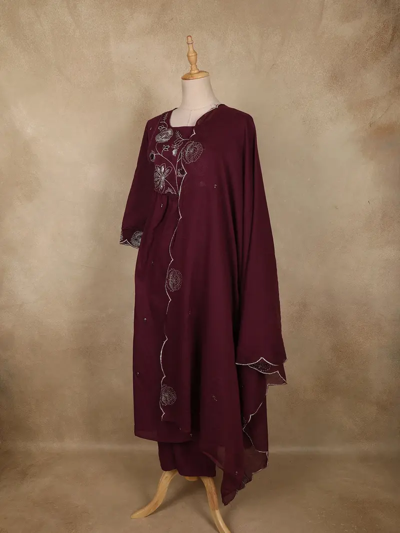 Deep Wine Maroon Floral Thread Embroidered Design Cotton Anarkali Salwar Suit With Dupatta 3