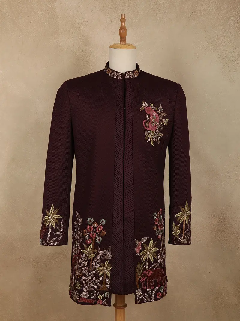 Deep Wine Maroon Floral Thread Embroidered Design Polynosic Sherwani Suit 1