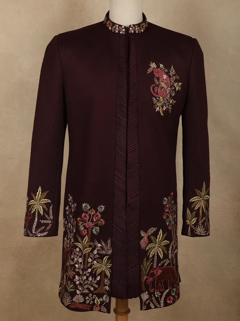 Deep Wine Maroon Floral Thread Embroidered Design Polynosic Sherwani Suit 2
