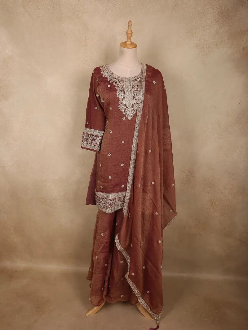 Deep Wine Maroon Floral Zari And Beads Embroidered Design Tissue Organza Palazzo Suit With Dupatta 1