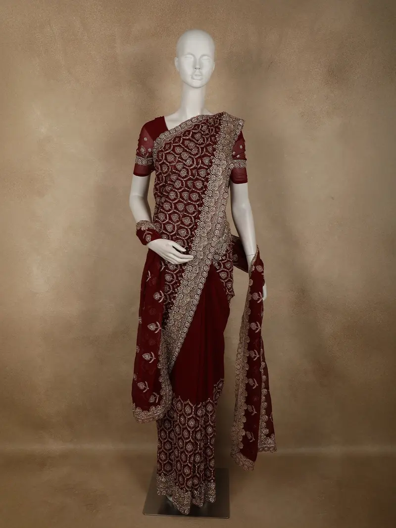 Deep Wine Maroon Floral Zari Embroidered And Stone Embellished Design Georgette Saree With Dupatta 1