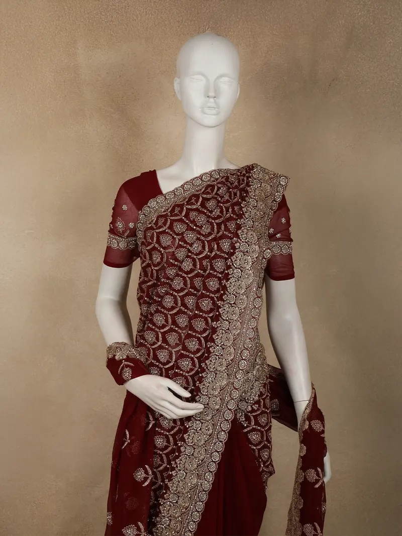 Deep Wine Maroon Floral Zari Embroidered And Stone Embellished Design Georgette Saree With Dupatta 2