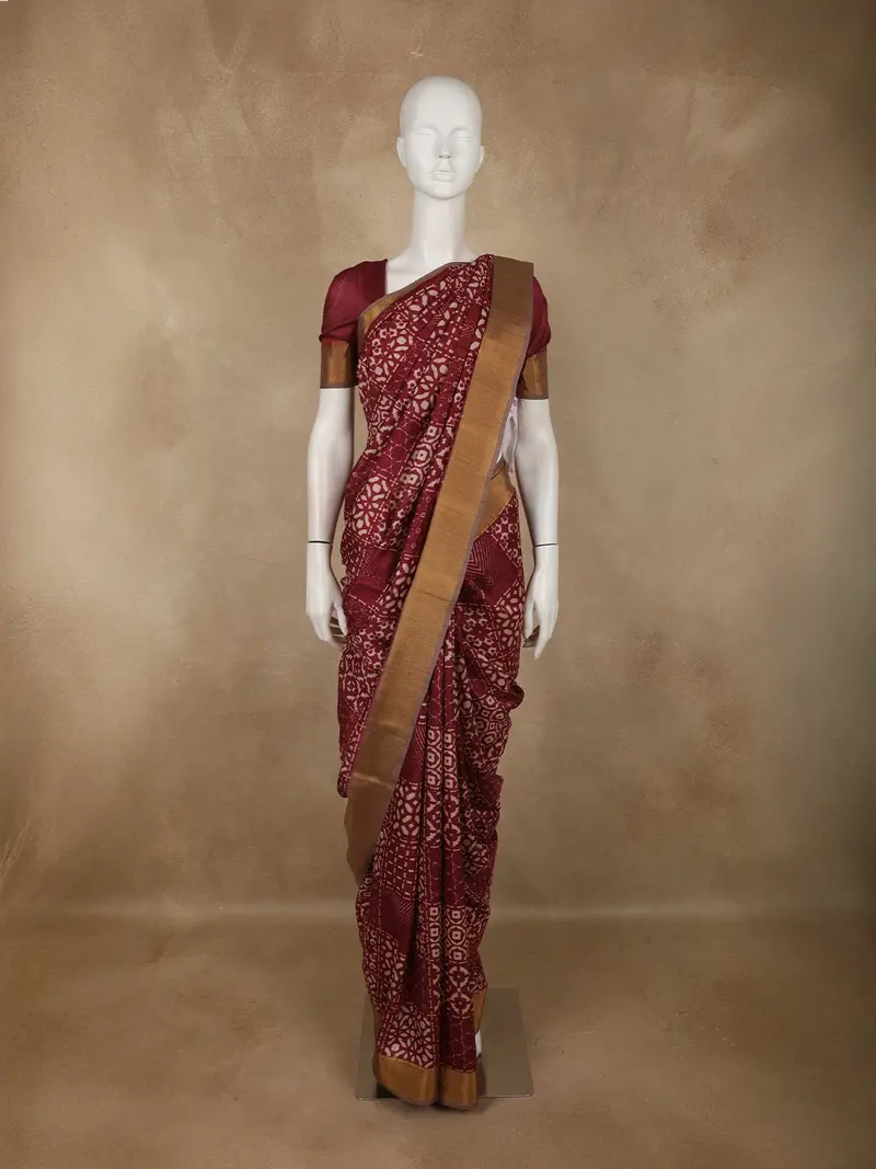 Deep Wine Maroon Geometric Design Tussar Saree With Zari Border 1