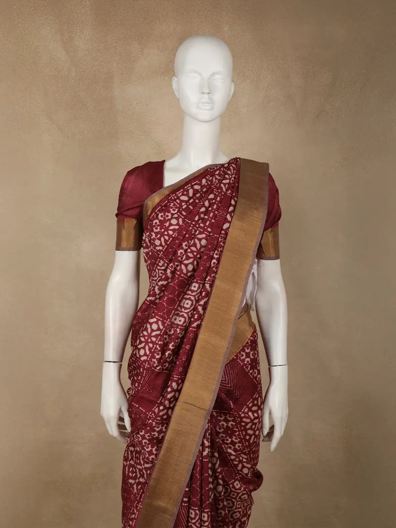 Deep Wine Maroon Geometric Design Tussar Saree With Zari Border 2