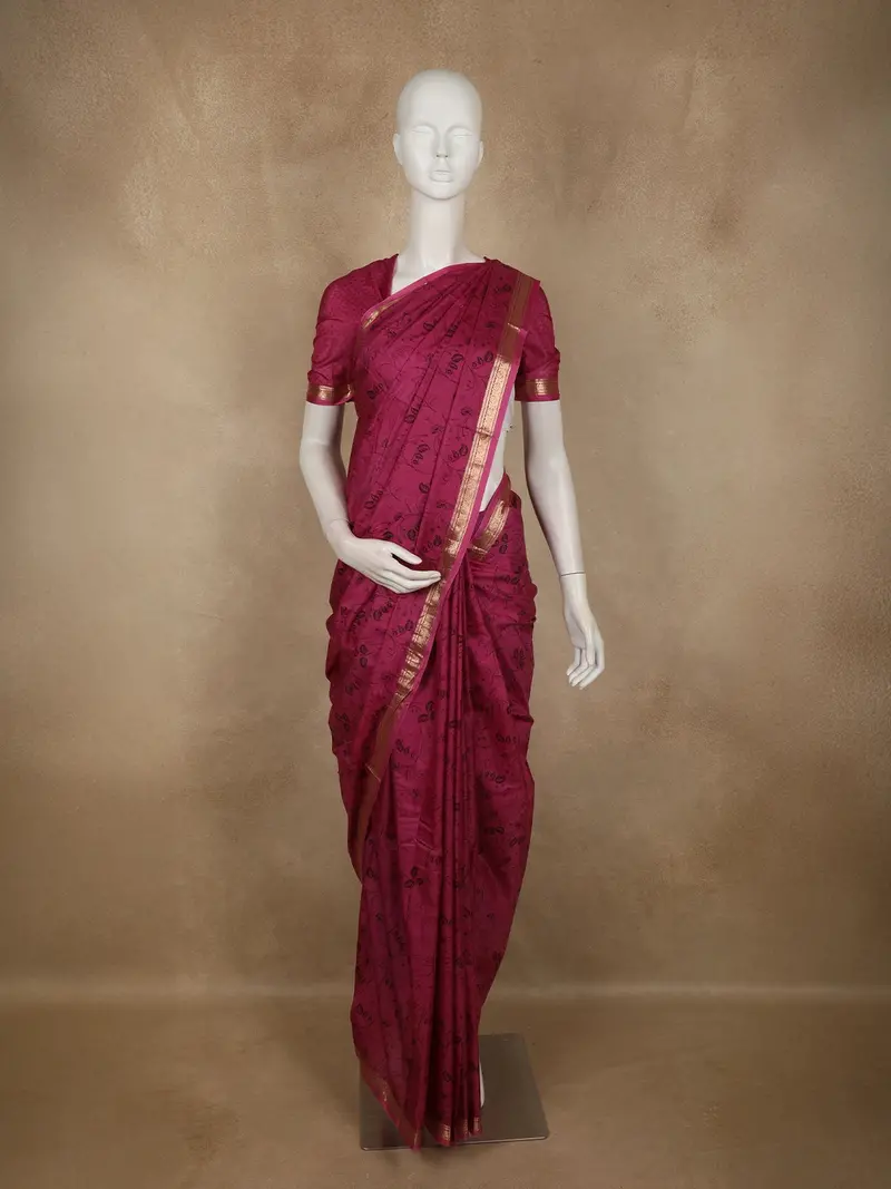 Deep Wine Maroon Leaf Printed Design Banarasi Saree With Zari Border 1