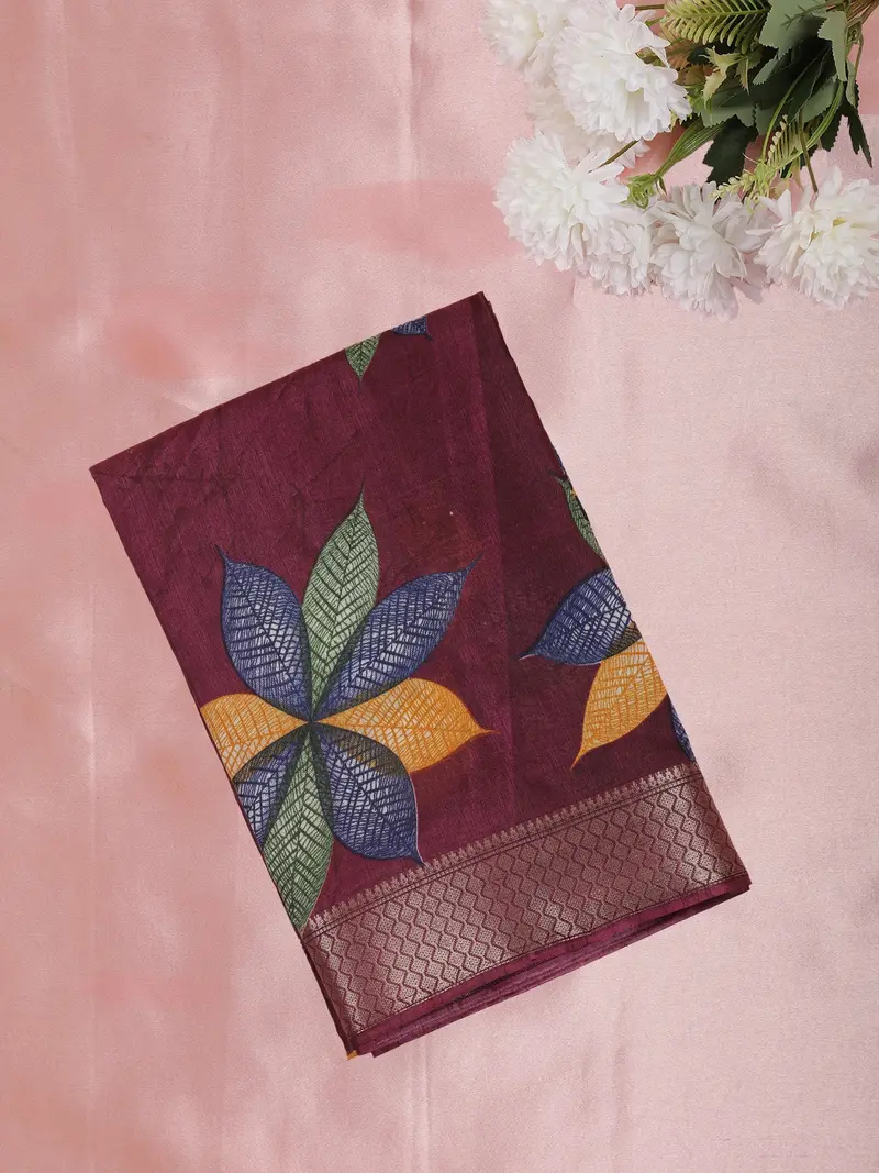 Deep Wine Maroon Leaf Printed Design Mixed Cotton Saree 1