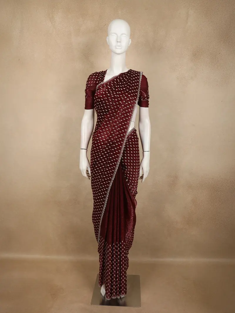 Deep Wine Maroon Stone Embellished Design Space Silk Party Wear Saree 1