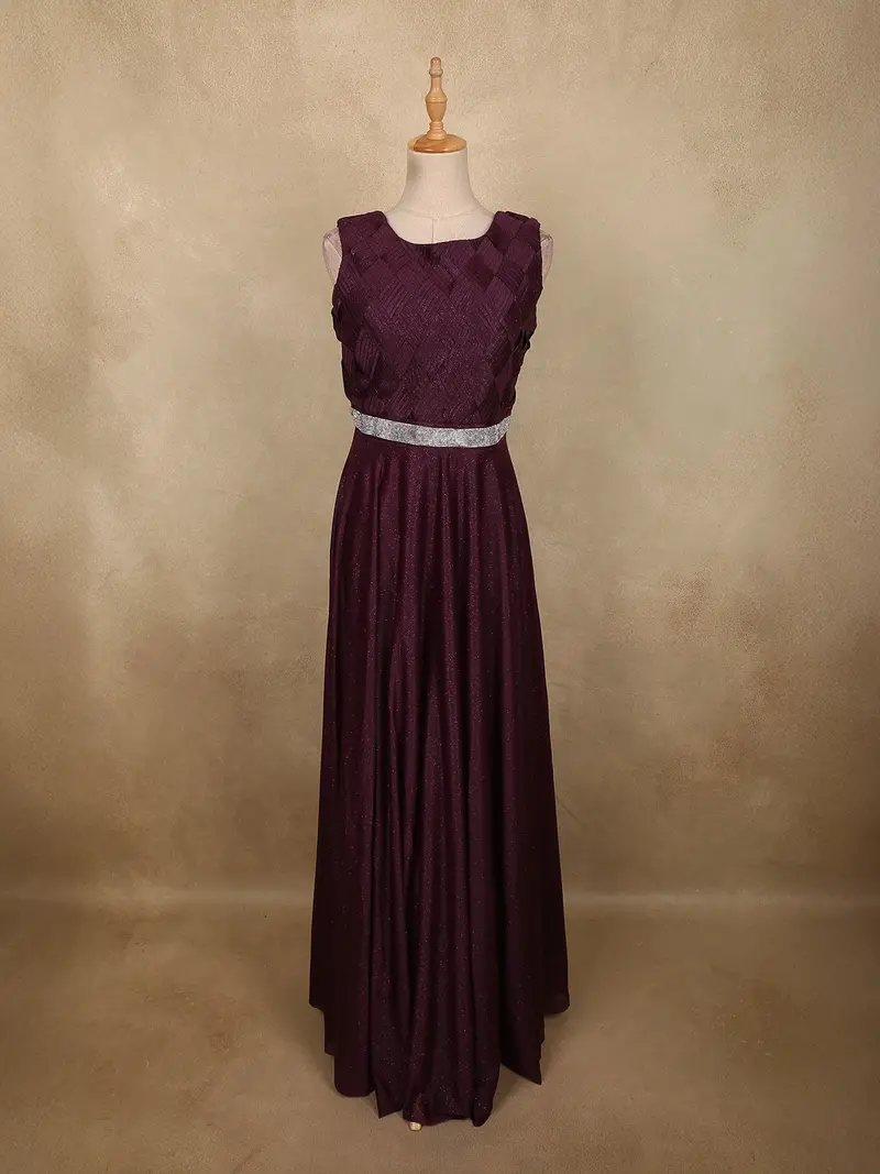 Deep Wine Maroon Textured Design Shimmer Pleated Party Wear Gown With Embellished Waist Belt 1