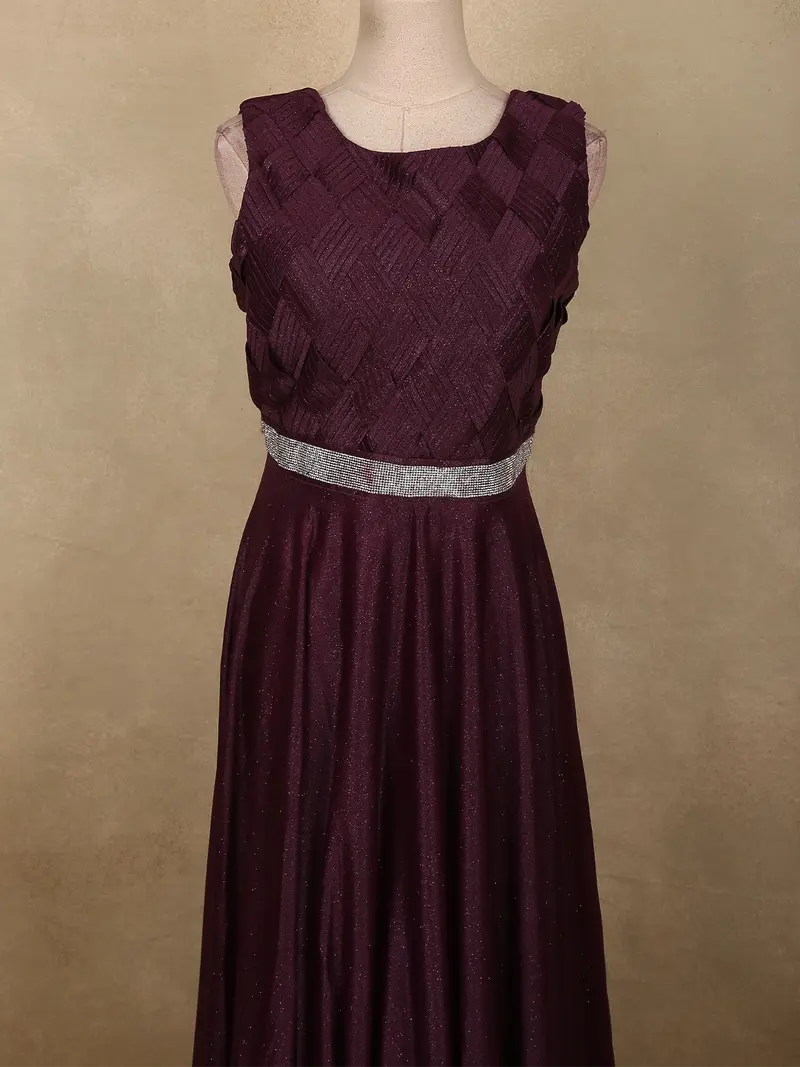 Deep Wine Maroon Textured Design Shimmer Pleated Party Wear Gown With Embellished Waist Belt 2