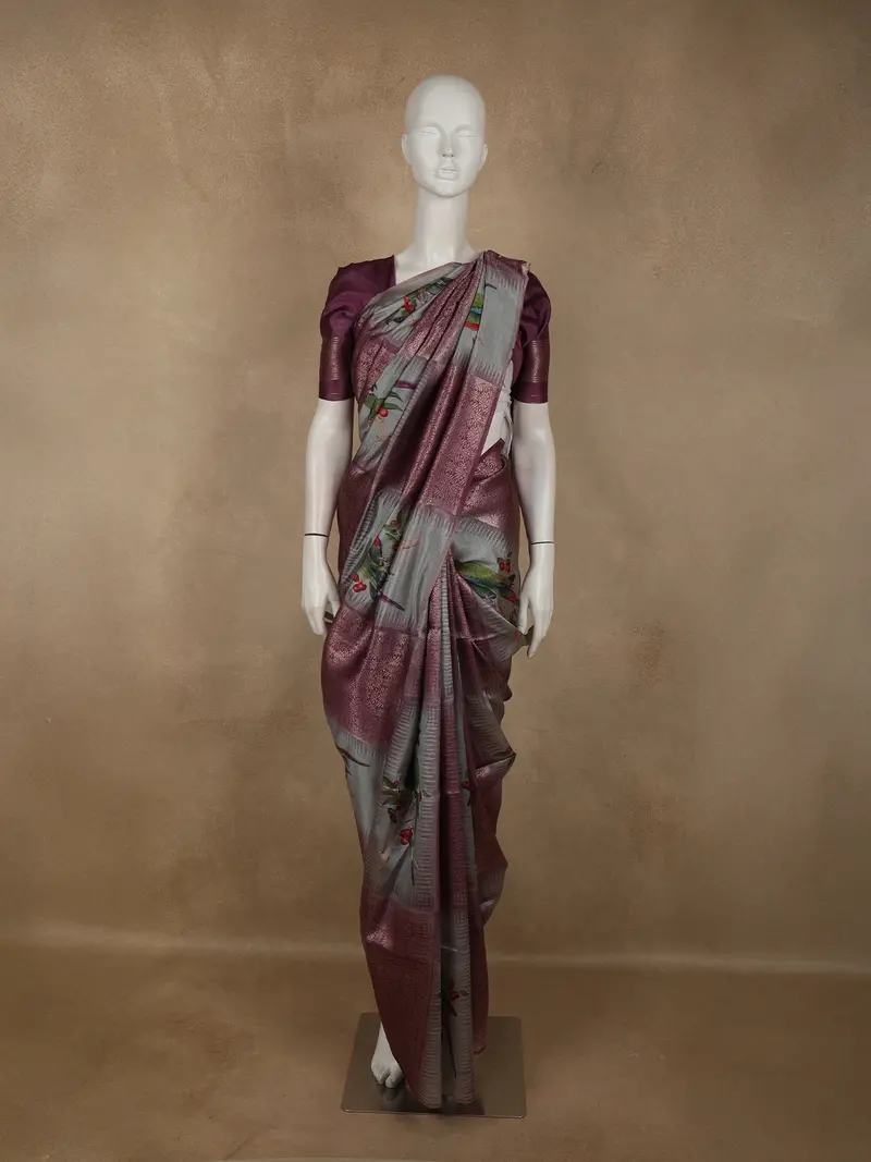 Deep Wine Mauve Birds Motif Printed Design Semi Tussar Saree 1