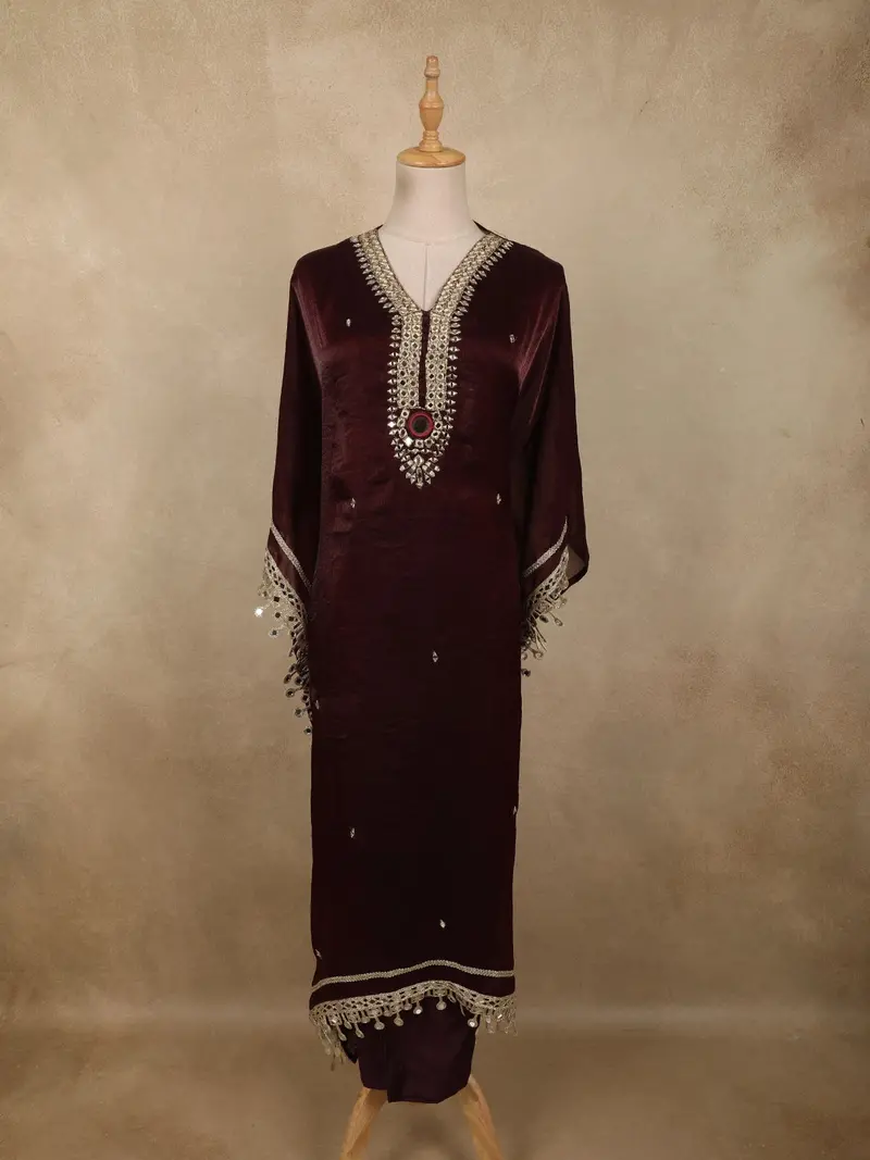 Deep Wine Mirror Embroidered Design Kaftan-Style Organza Salwar Suit 1
