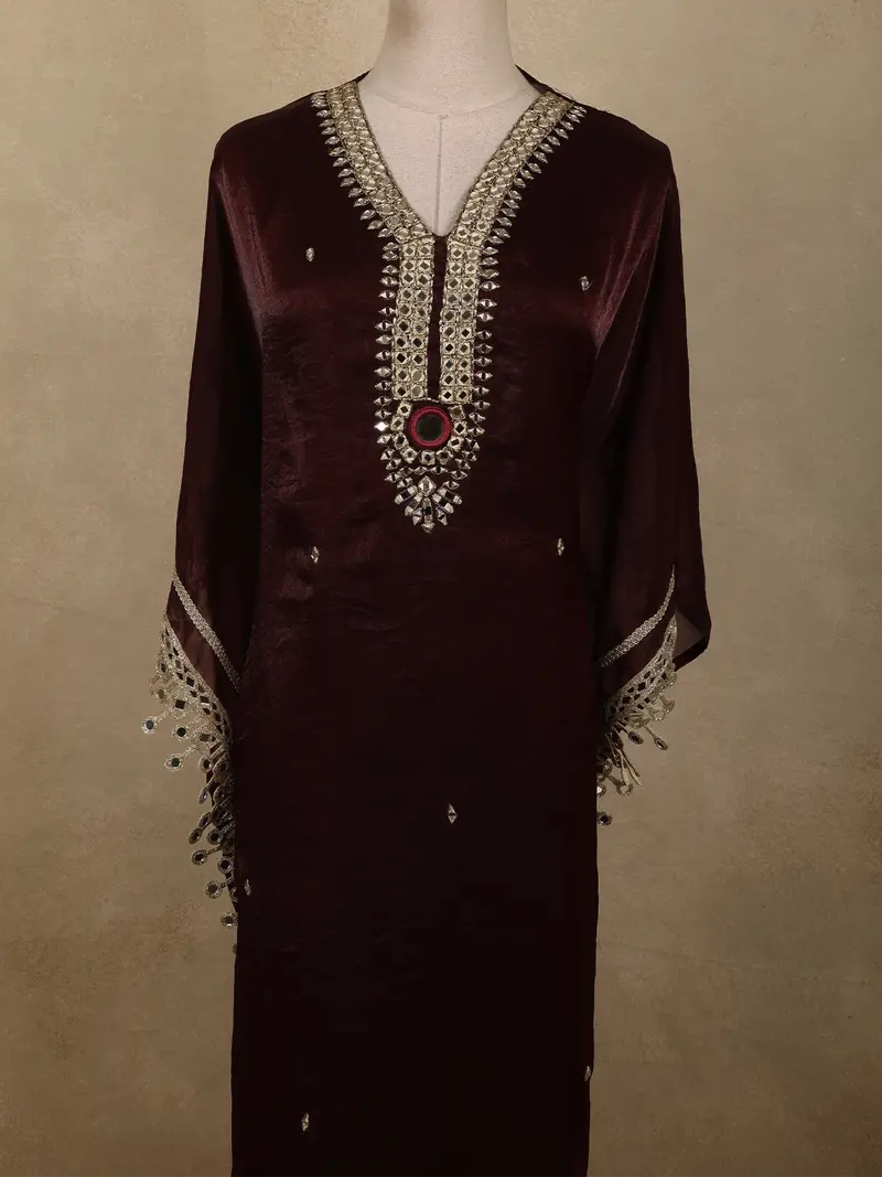 Deep Wine Mirror Embroidered Design Kaftan-Style Organza Salwar Suit 2