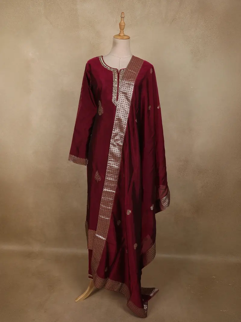 Deep Wine Paisley Butta Zari Woven Design Semi Silk Salwar Suit 1