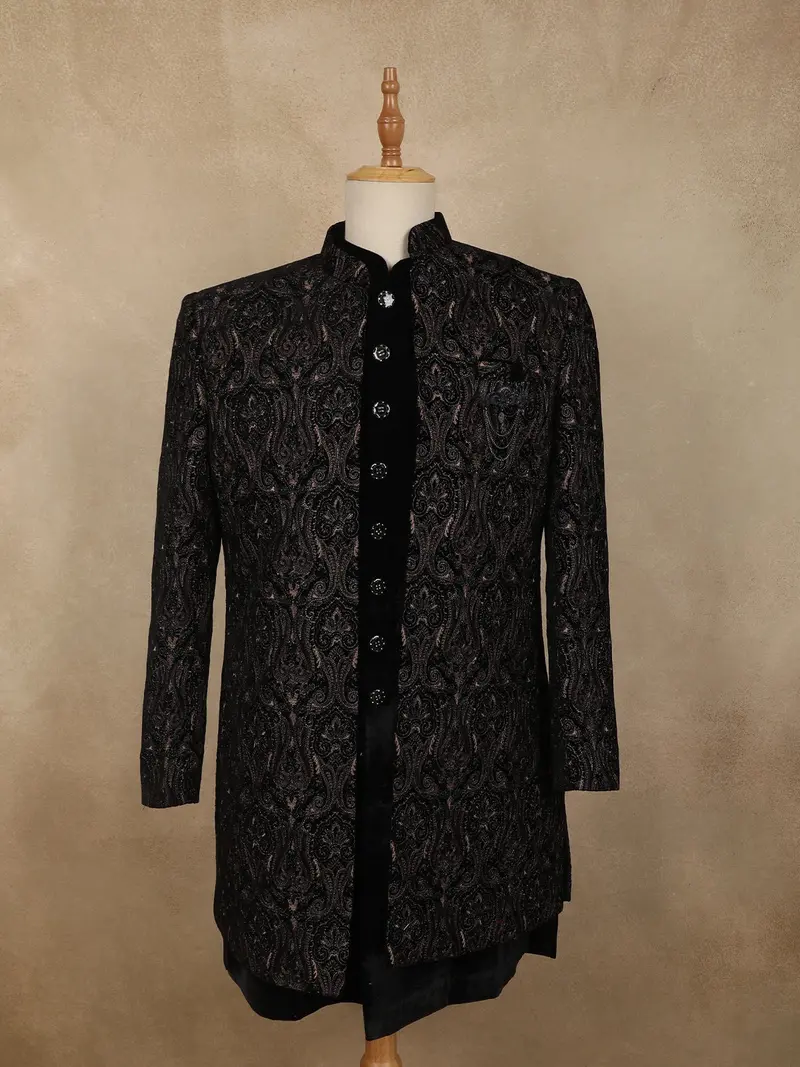 Deep Wine Paisley Self Woven Design Velvet Men Sherwani Suit 1