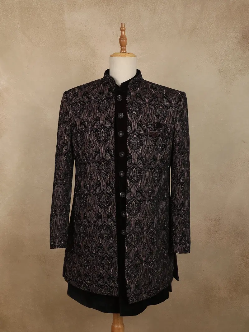 Deep Wine Paisley Self Woven Design Velvet Men Sherwani Suit 1
