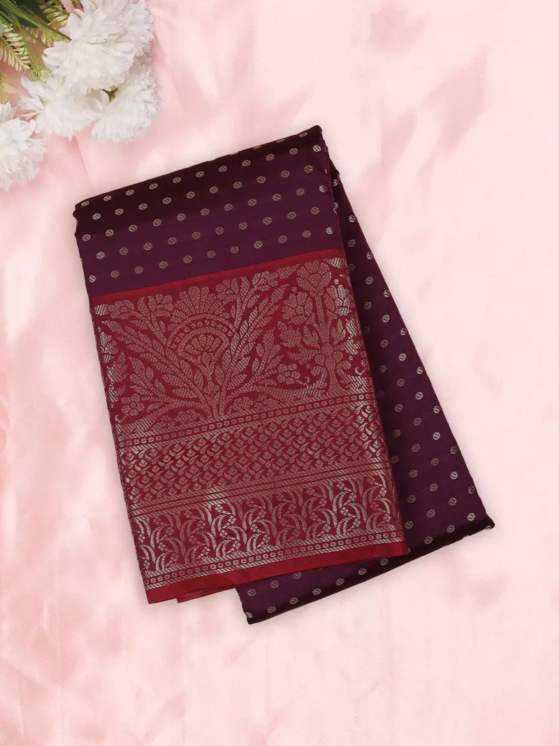 Deep Wine Plum Purple Butta Zari Woven Design Semi Silk Saree With Contrast Floral Border 1