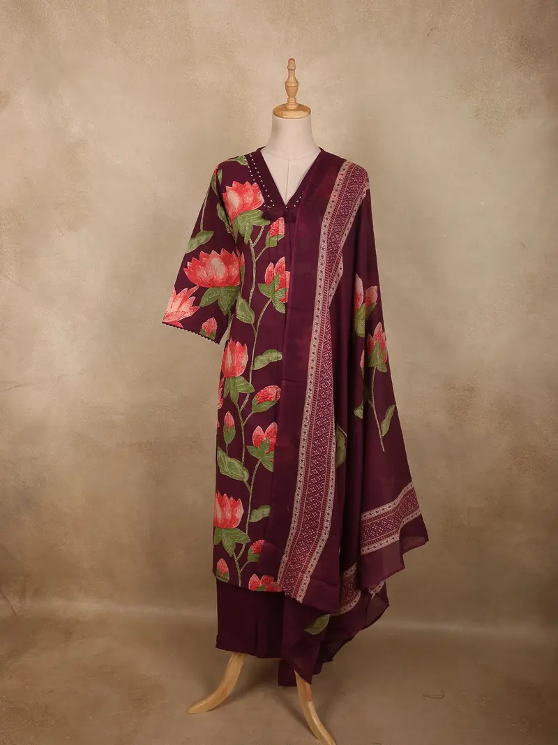 Deep Wine Plum Purple Floral Printed Design Cotton Salwar Suit With Dupatta 1