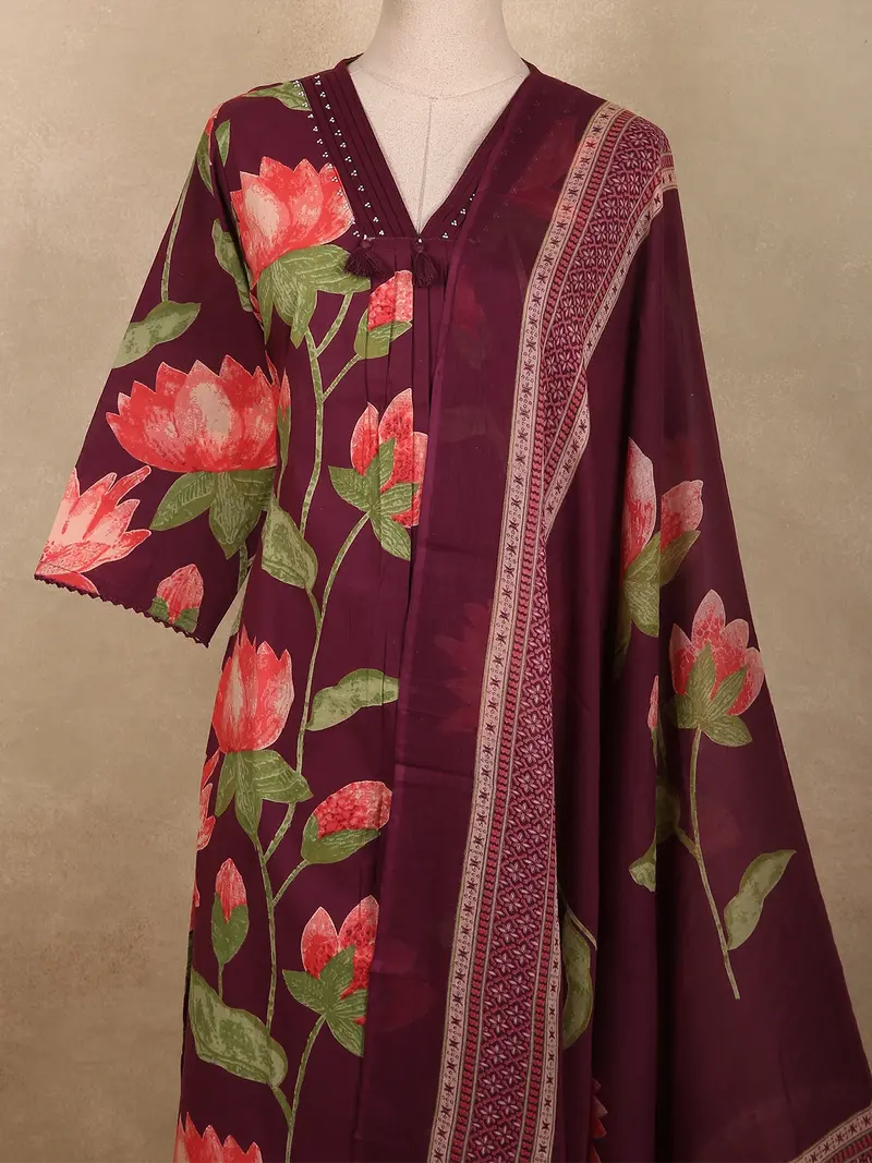 Deep Wine Plum Purple Floral Printed Design Cotton Salwar Suit With Dupatta 2