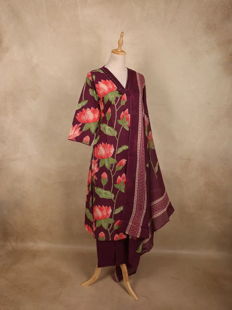 Deep Wine Plum Purple Floral Printed Design Cotton Salwar Suit With Dupatta 3
