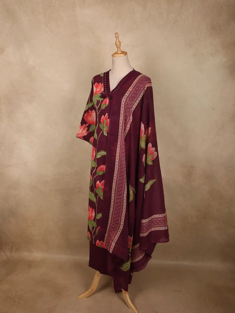 Deep Wine Plum Purple Floral Printed Design Cotton Salwar Suit With Dupatta 4