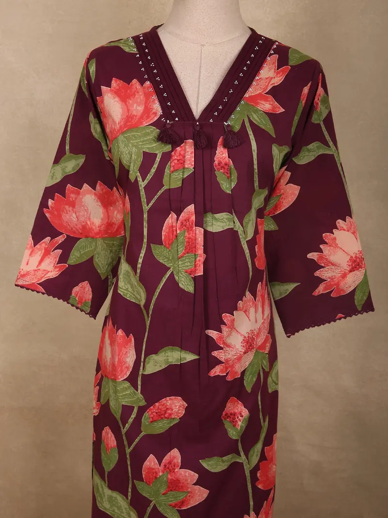 Deep Wine Plum Purple Floral Printed Design Cotton Salwar Suit With Dupatta 5