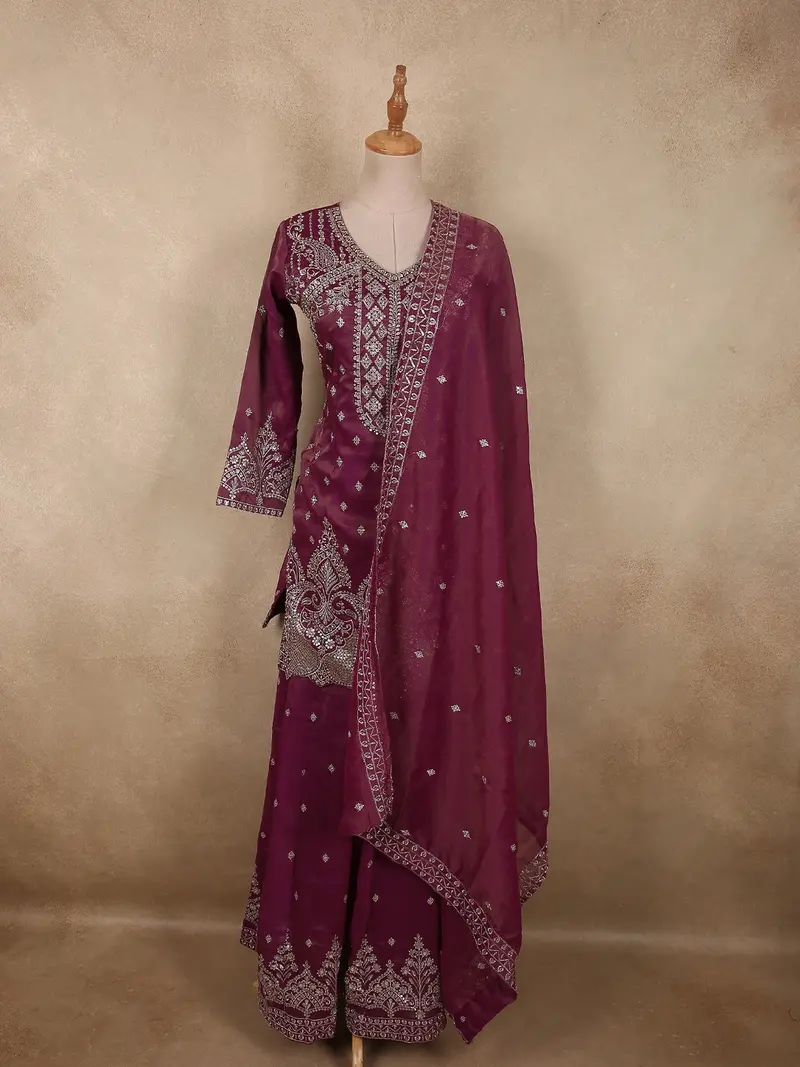 Deep Wine Plum Purple Floral Sequins And Zari Embroidered Design Tissue Organza Lehenga With Dupatta 1