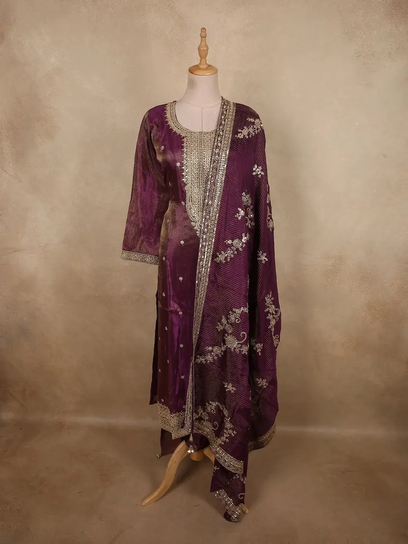 Deep Wine Plum Purple Floral Zari Embroidered Design Tissue Silk Salwar Suit 1