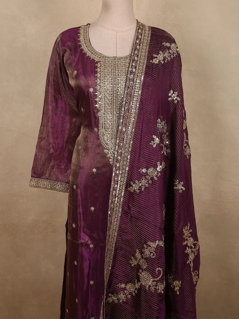 Deep Wine Plum Purple Floral Zari Embroidered Design Tissue Silk Salwar Suit 2