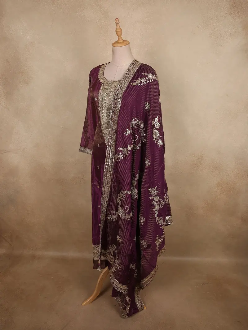 Deep Wine Plum Purple Floral Zari Embroidered Design Tissue Silk Salwar Suit 3