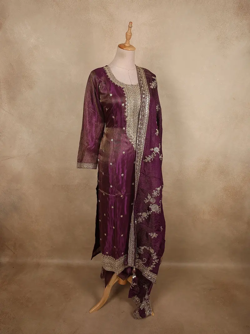 Deep Wine Plum Purple Floral Zari Embroidered Design Tissue Silk Salwar Suit 4