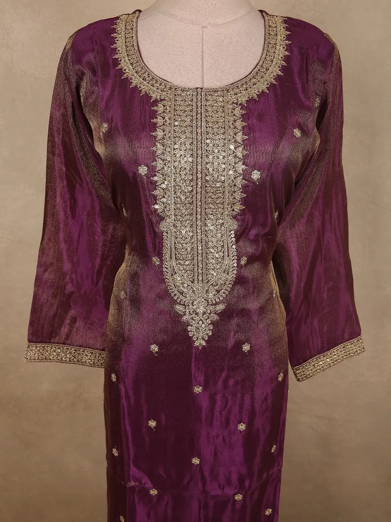 Deep Wine Plum Purple Floral Zari Embroidered Design Tissue Silk Salwar Suit 5