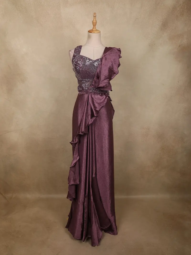 Deep Wine Plum Purple Sequins Embroidered Design Crepe Ready To Wear Saree With Designer Blouse And Belt 1