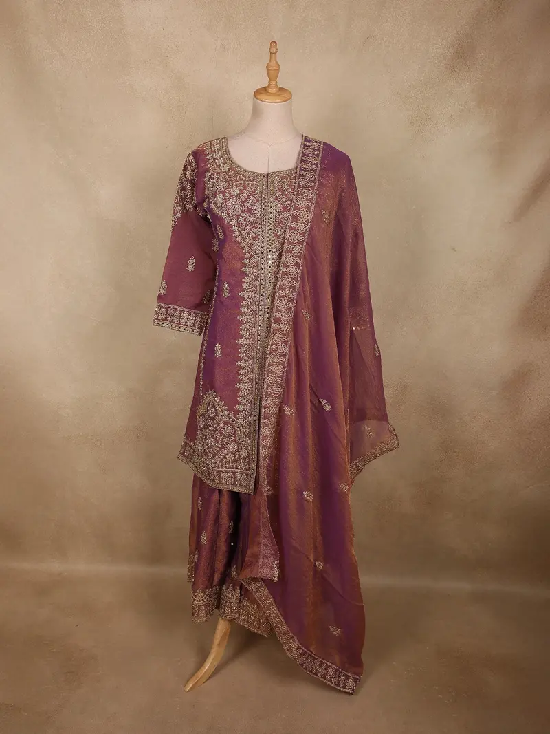 Deep Wine Plum Purple Zari Embroidered Design Tissue Organza Sharara Suit With Dupatta 1
