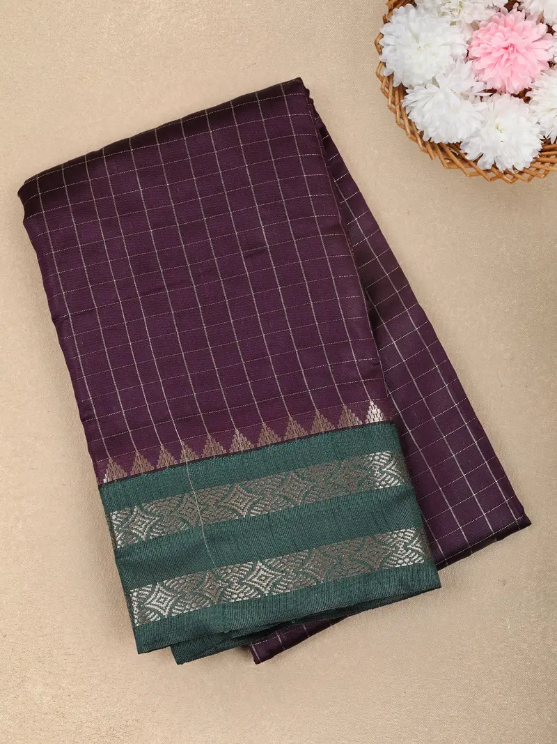 Deep Wine Purple Checked Design Soft Silk Fancy Wear Saree With Contrast Zari Border 1