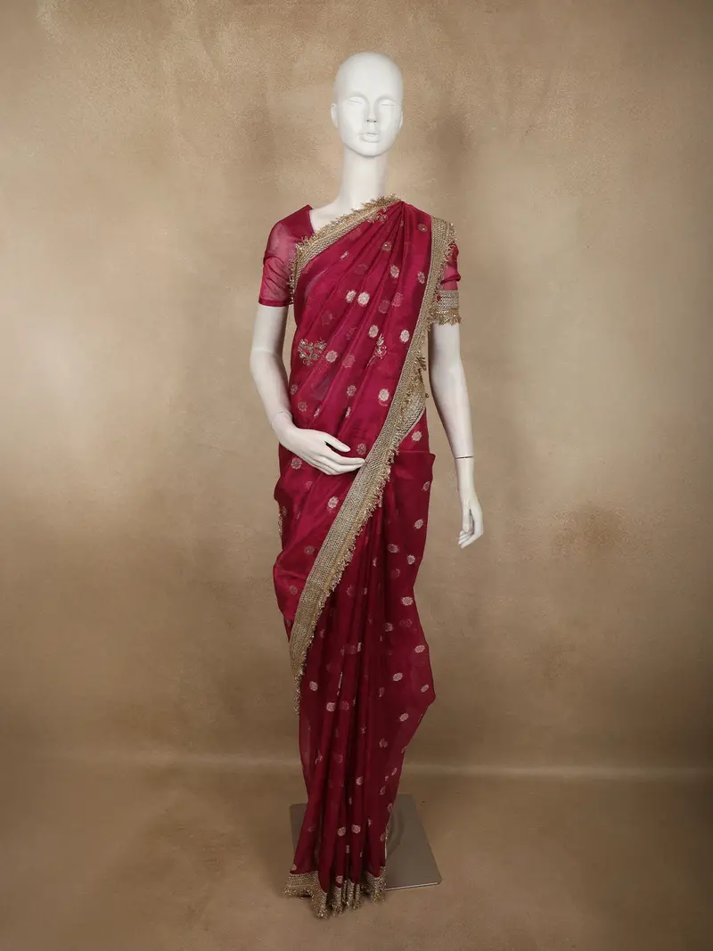 Deep Wine Purple Floral Butta Zari Woven Design Tissue Saree With Designer Lace Border 1