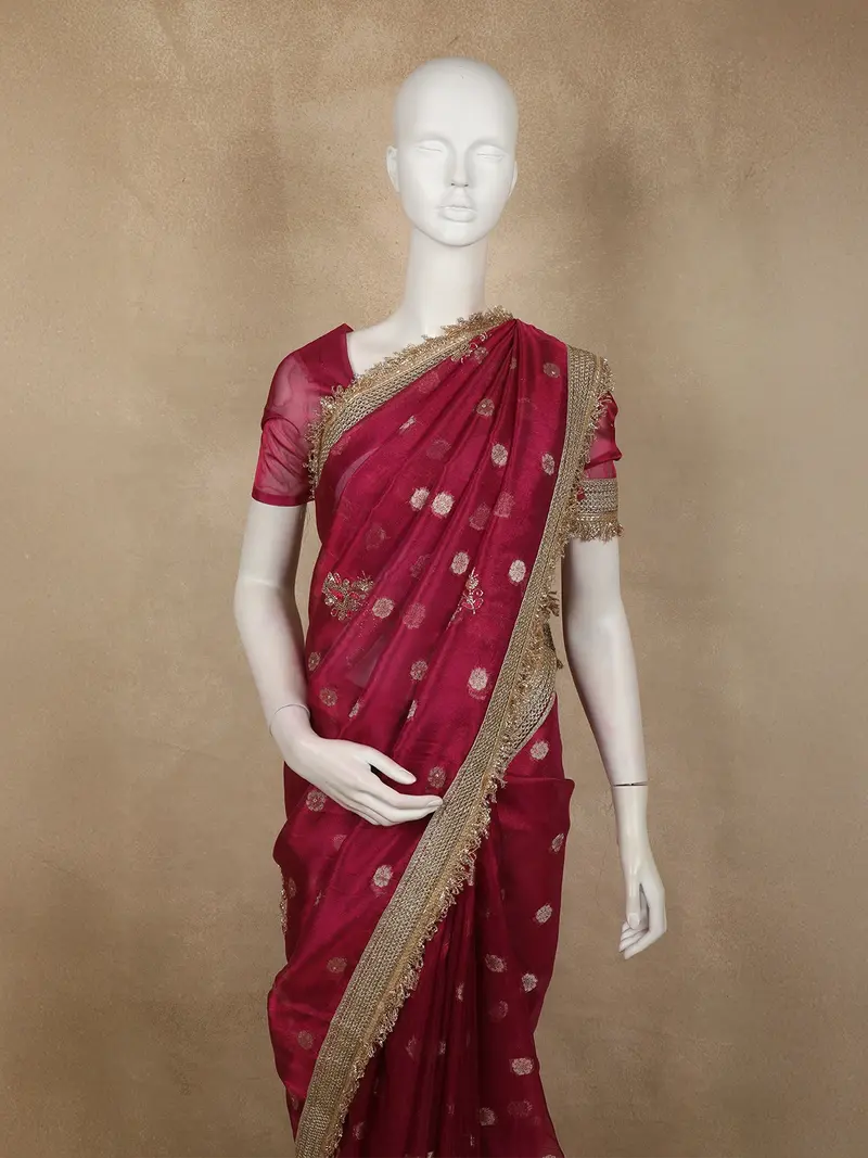 Deep Wine Purple Floral Butta Zari Woven Design Tissue Saree With Designer Lace Border 2