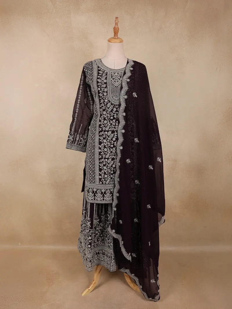 Deep Wine Purple Floral Embroidered Design Georgette Palazzo Suit With Dupatta 1