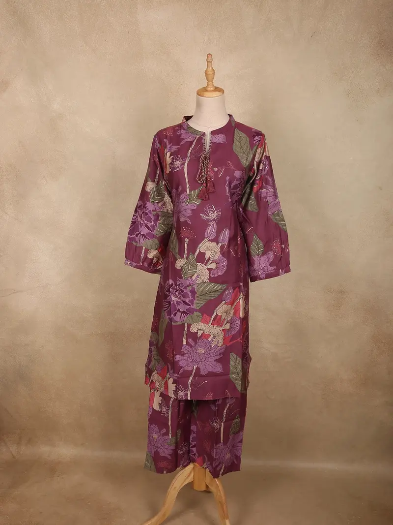 Deep Wine Purple Floral Printed Design Cotton Co-Ord Set 1