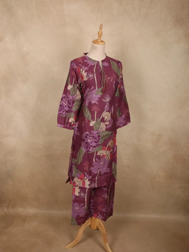 Deep Wine Purple Floral Printed Design Cotton Co-Ord Set 3