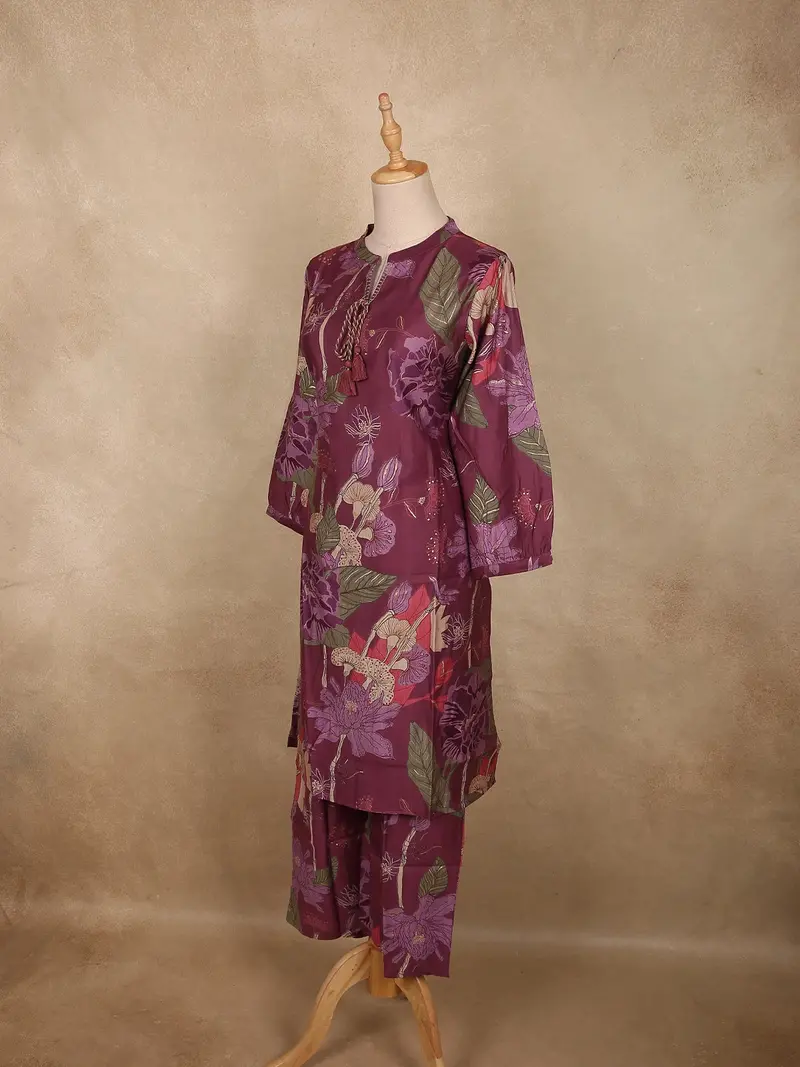 Deep Wine Purple Floral Printed Design Cotton Co-Ord Set 4