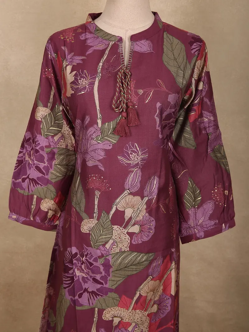 Deep Wine Purple Floral Printed Design Cotton Co-Ord Set 5