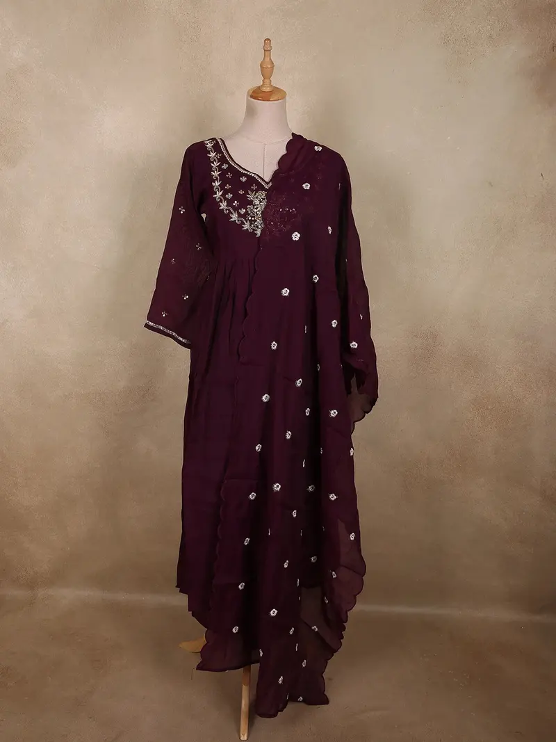 Deep Wine Purple Floral Sequins And Beads Embroidered Design Cotton Anarkali Salwar Suit 1