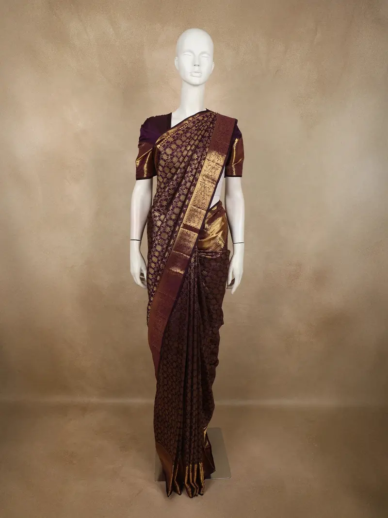 Deep Wine Purple Floral Zari Woven Design Pure Kanchipuram Silk Saree With Big Zari Border 1